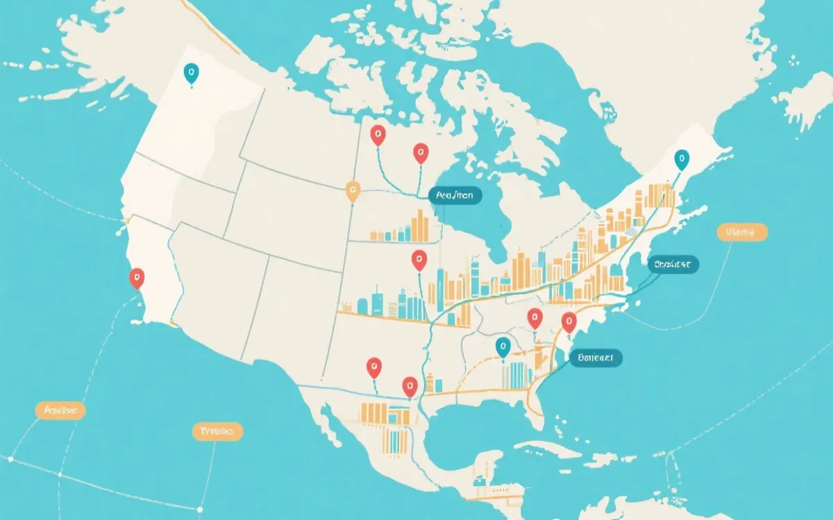 北美世界杯多城市观赛地图标注风格示意图